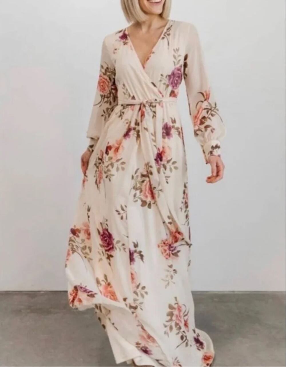 Baltic Born NEW Lydia Maxi Dress XL Cream Floral Long Sleeve v-neck